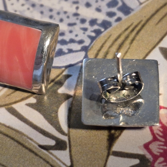 Rare Pink Coral 925 Sterling Silver Square Rare  Pink Coral and  Earrings - Picture 7 of 9